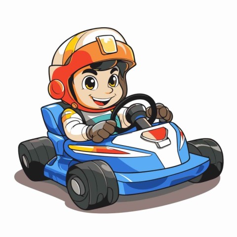 Cartoon boy driving a race car. Vector illustration isolated on