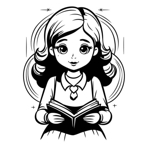 Black and White Cartoon Illustration of a Cute Girl Reading a Bo