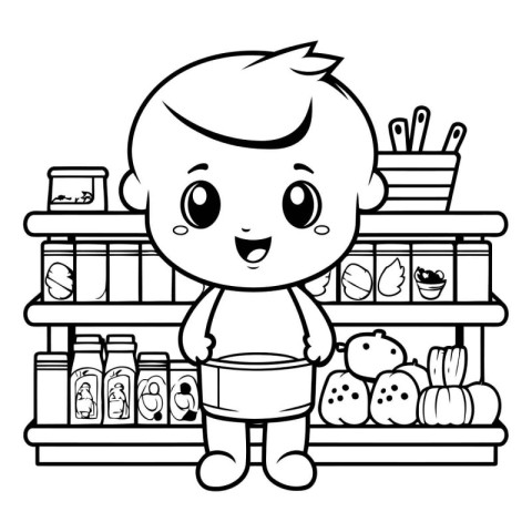 cute little boy in supermarket shelf vector illustration design