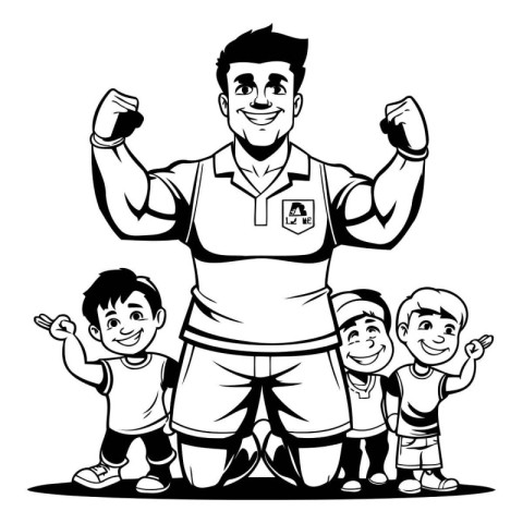 superhero father with kids cartoon isolated black and white vect