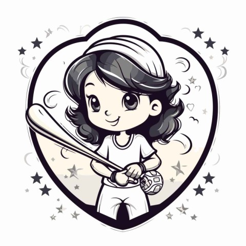 Illustration of a Little Girl Baseball Player with a Bat in a He