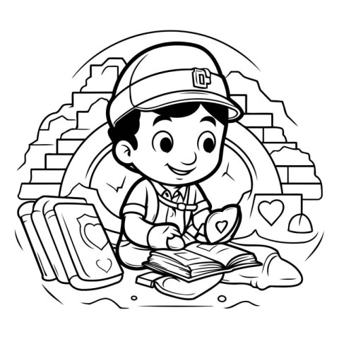 Black and White Cartoon Illustration of a Kid Boy Reading a Book