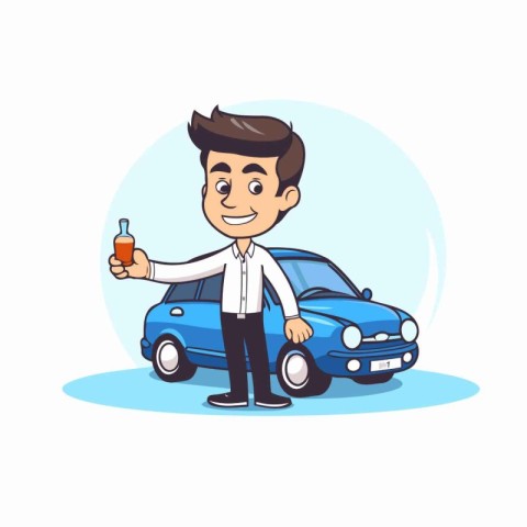 Man with a car and a bottle of drink. Vector illustration.