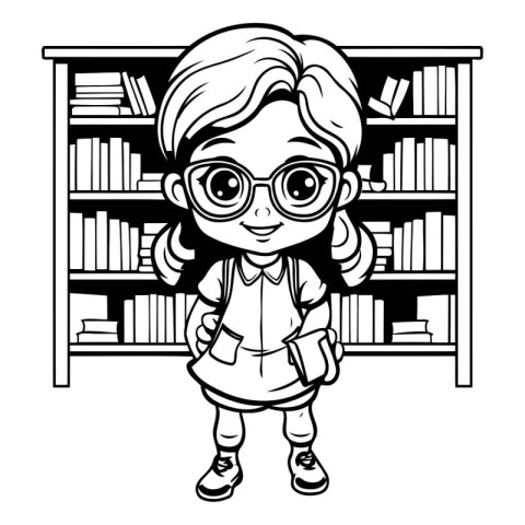 cute little student girl in the library vector illustration desi