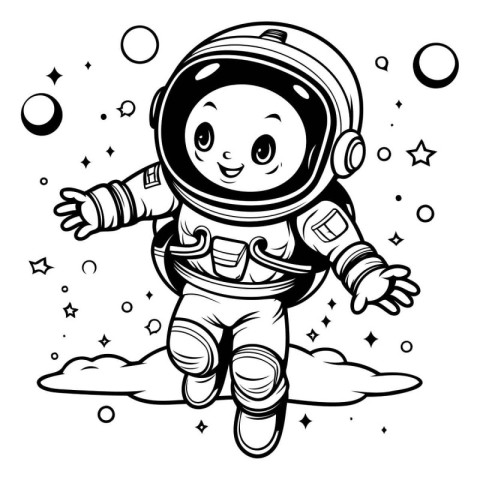 Cute astronaut boy flying in space. black and white vector illus