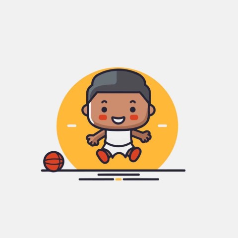 Cute little boy playing basketball. Vector illustration in flat