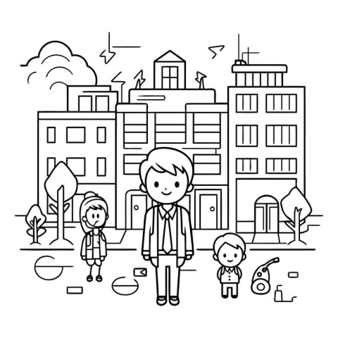 Family in the city. Black and white vector illustration for colo