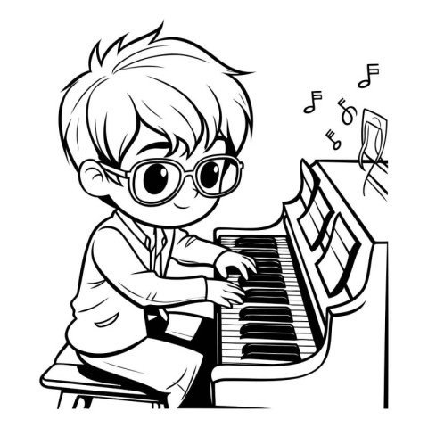 Boy playing the piano - Black and White Cartoon Illustration. Ve