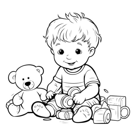 Cute little boy playing with toys. Vector illustration for color