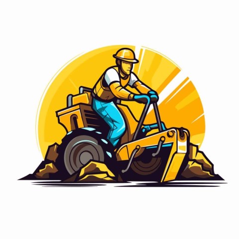 Tractor construction worker with excavator. Vector illustration