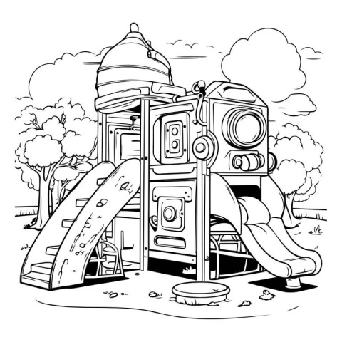 Outdoor Playground with old camera. Vector illustration in black