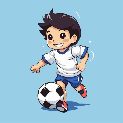 Little boy playing soccer cartoon vector illustration. Isolated