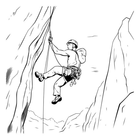 Climber climbing on a cliff. Black and white vector illustration