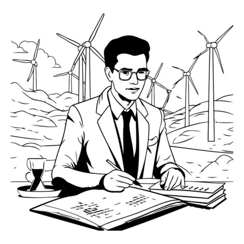 Businessman reading a newspaper with wind turbines in the backgr