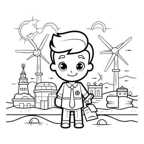 Outline of a boy with wind turbines in the background. Vector il