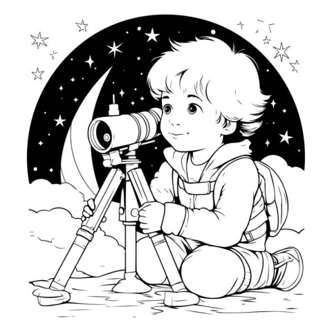 Boy with telescope on the background of the night sky. Vector il