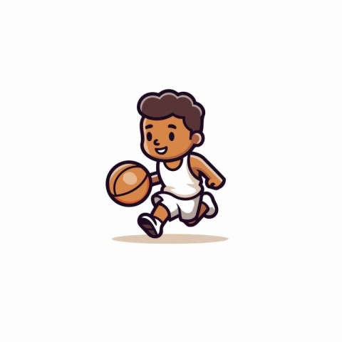 Cute African American boy playing basketball. Vector illustratio