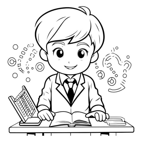 Black and White Cartoon Illustration of a Kid Boy Student Studyi