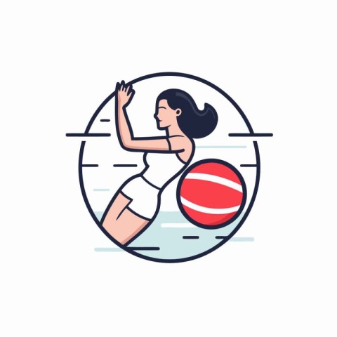 Woman playing beach ball. Vector illustration in thin line style