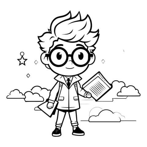 Black and White Cartoon Illustration of Cute Boy Student Charact