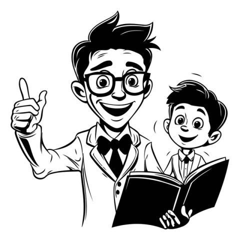 Teacher and schoolboy with book. Black and white vector illustra