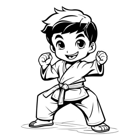 Karate Boy - Black and White Cartoon Vector Illustration. Isolat