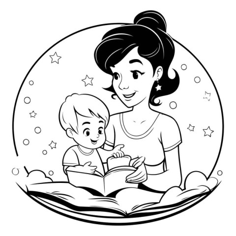 Mother reading a book with her daughter. black and white vector