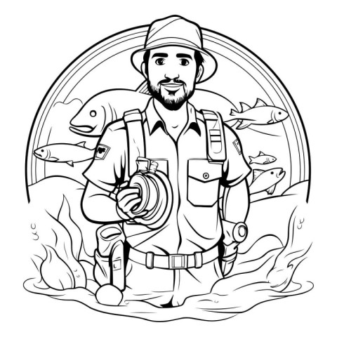 Fisherman with a catch of fish. Vector illustration. Monochrome.