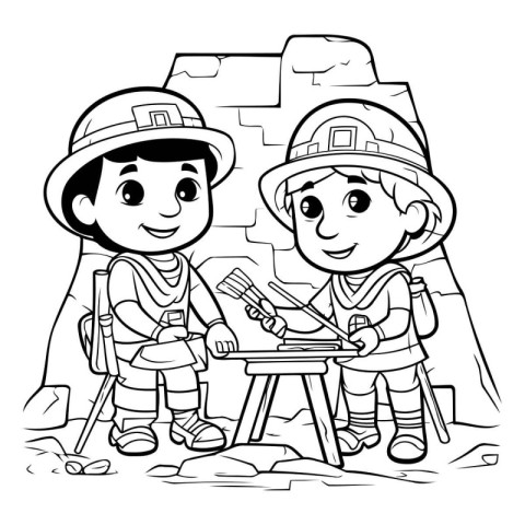 Coloring Page Outline Of a Boy and a Girl in Camping