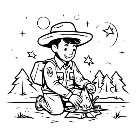 Boy scout with a campfire. Vector illustration in black and whit