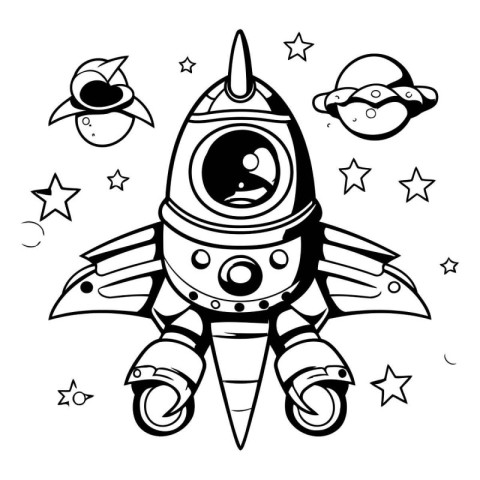 Space rocket with planets and stars. black and white vector illu