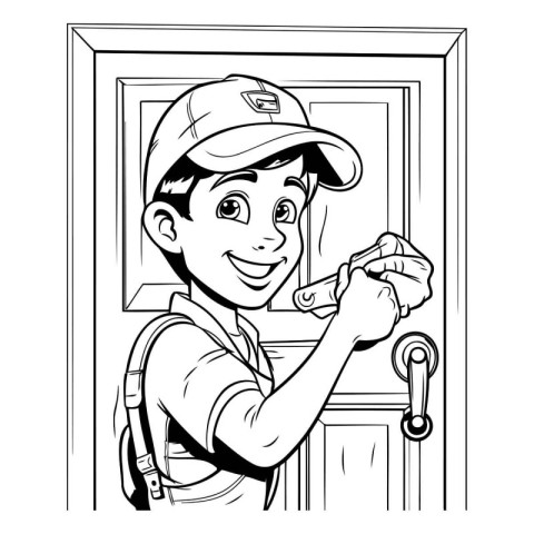 Vector illustration of a young man in uniform repairing the fron