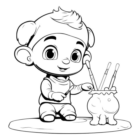 Cute boy painting piggy bank - black and white vector illustrati