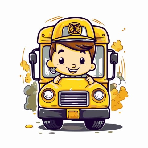 Vector illustration of a cute schoolboy riding a yellow school b