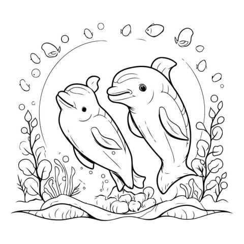 Coloring book for children: Mother and baby dolphin in the water