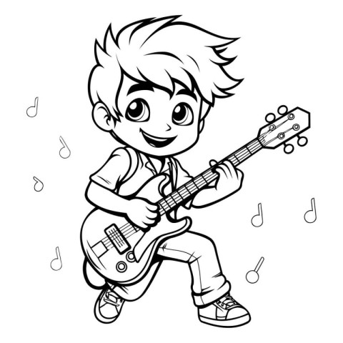 Boy Playing Guitar - Black and White Cartoon Illustration. isola