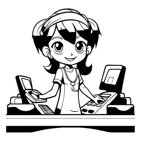 Girl playing computer games. Vector illustration in black and wh