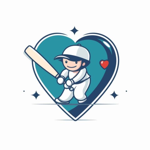 Cricket player with bat and ball in heart shape vector illustrat