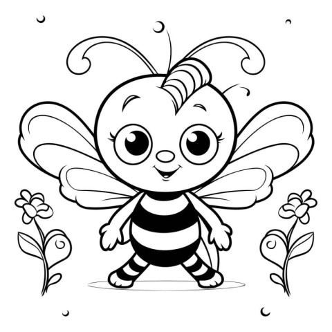 Black and White Cartoon Illustration of Cute Bee Animal Characte