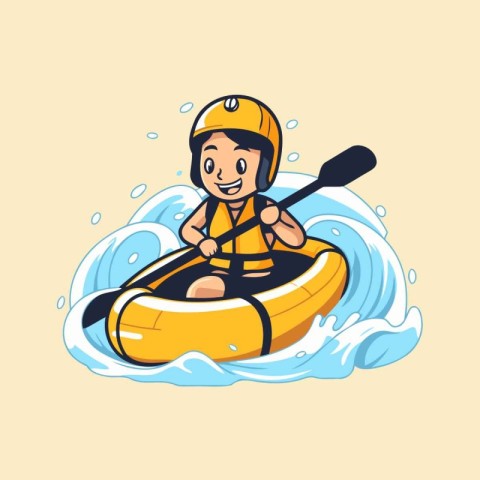 Cartoon vector illustration of a boy in a kayak on the waves