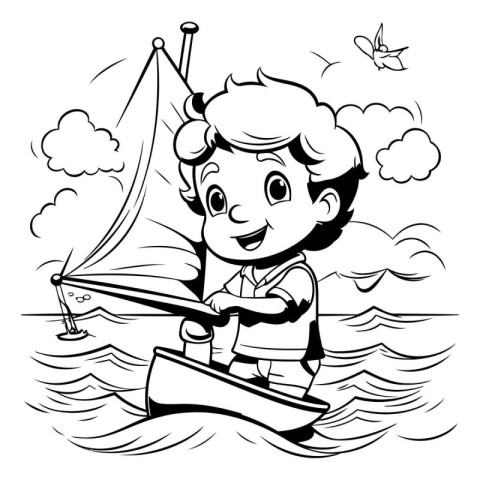 Black and White Cartoon Illustration of a Kid Sailing on a Boat