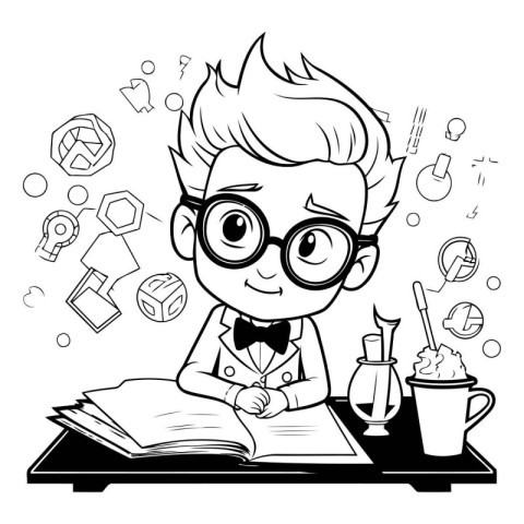 Black and White Cartoon Illustration of Boy Student Doing His Ho