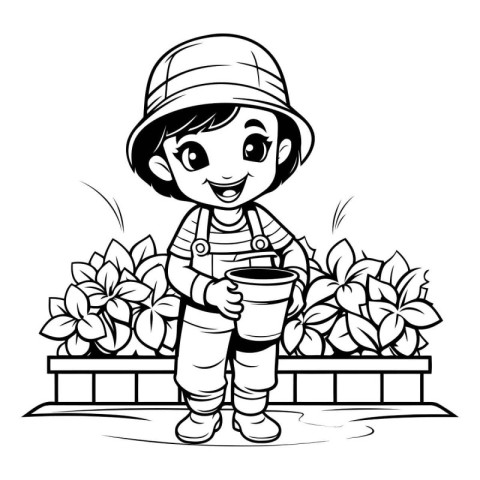 Outdoor gardening. Little boy with a watering can. Vector illust