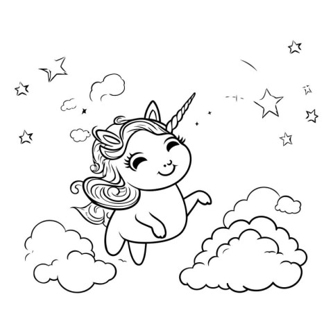 Cute cartoon unicorn with clouds. Vector illustration for colori