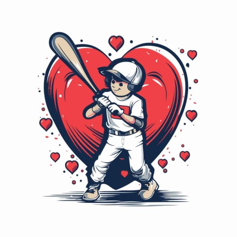 Baseball player with bat and ball in heart shape vector illustra