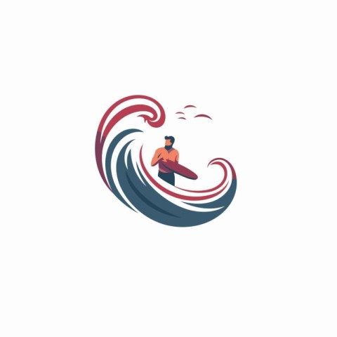 Surfing vector logo design template. Surfer with surfboard in oc