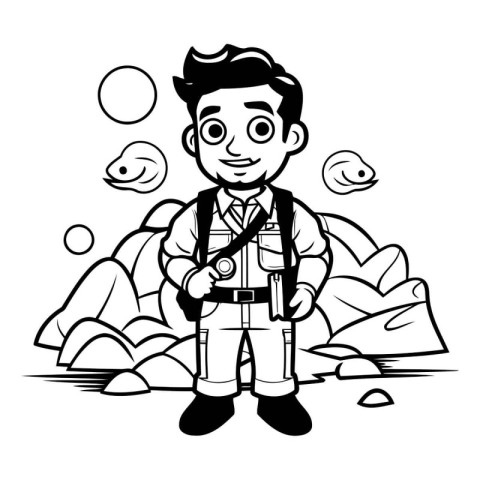 Hiker Boy - Black and White Cartoon Style Illustration. Vector