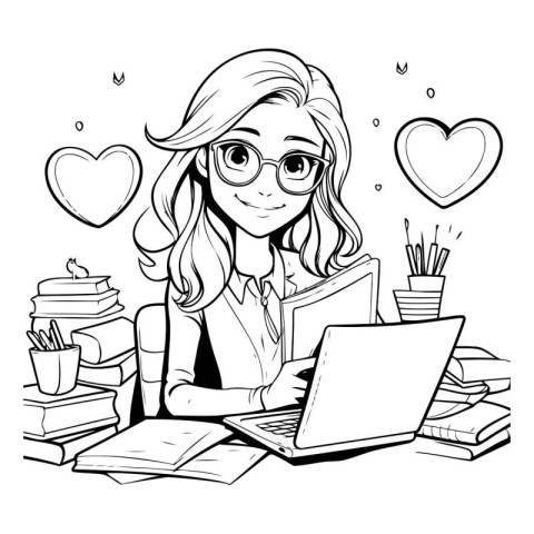 Girl studying at home. black and white vector illustration for c