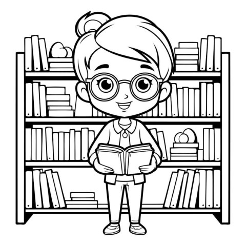 cute little student girl in bookshelf cartoon vector illustratio