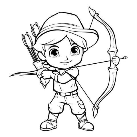 Black and White Cartoon Illustration of Cute Boy Archery Charact